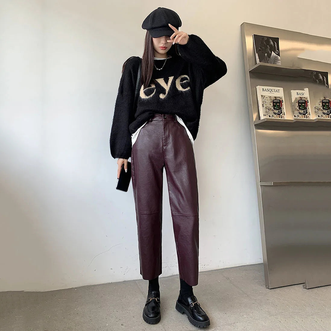 Autumn Winter Women's Leather Trousers High Waist Loose black Brown Straight Leg Pants Classic pu Faux Leather Pants for Women