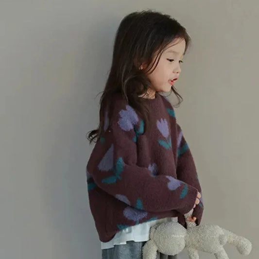 Baby Girls' Flower Pullover Sweater 2025 Autumn Winter New Korean Style Knitwear Girls Fashion Kids Outfit Children Dark Coat