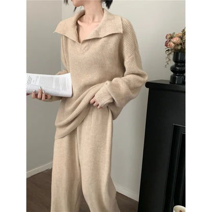 Autumn Cashmere Warm Soft Pants Suit Winter New Fashion Lapel V Neck Sweater Knitwear Casual Pants Women Two-piece Sets Elegant