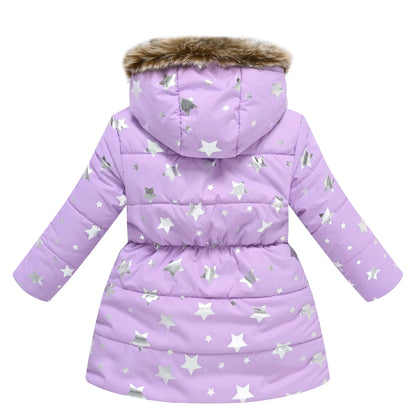 Autumn Winter Girls Jacket Keep Warm Fur Collar Fashion Prints Little Princess Coat Hooded Zipper Girls Outerwear Kids Clothes