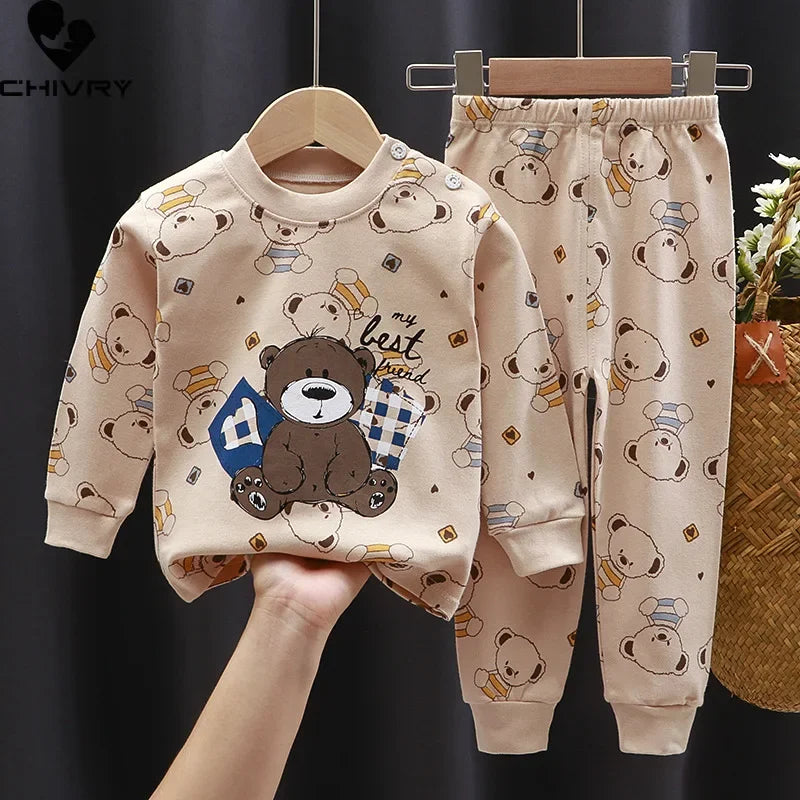 2025 New Kids Boys Girls Pajama Sets Cartoon Print Long Sleeve Cute T-Shirt Tops with Pants Toddler Baby Autumn Sleeping Clothes