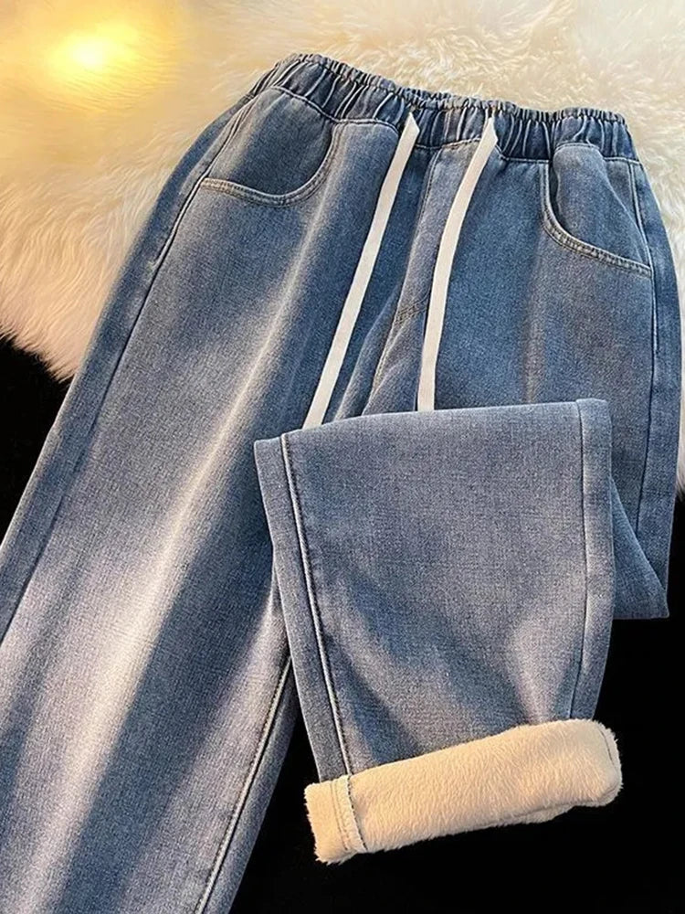 Thicken Velvet Lined Casual Wide Leg Jean  Warm Fashion High Waist Cowboy New Vaqueros Winter Basic Snow Wear Women Denim Pants