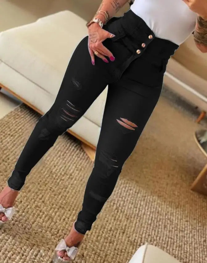 Women Fashion Stretch Ripped Distressed Skinny High Waist Denim Pants Trousers Slim Jeggings Ladies Spring Autumn Wear