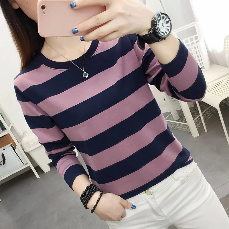 Autumn Loose Pure Cotton Long Sleeve T-shirt Women Clothing Middle-aged Mom Base Shirt Striped Top