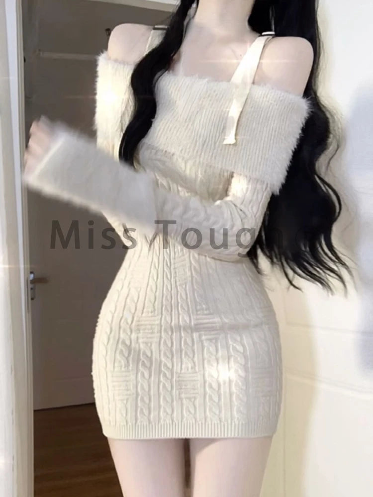 Sexy Knitted New One Piece Dress Women Off Shoulder Sweet Vintage Y2k Mini Dress Female Korean Fashion Chic