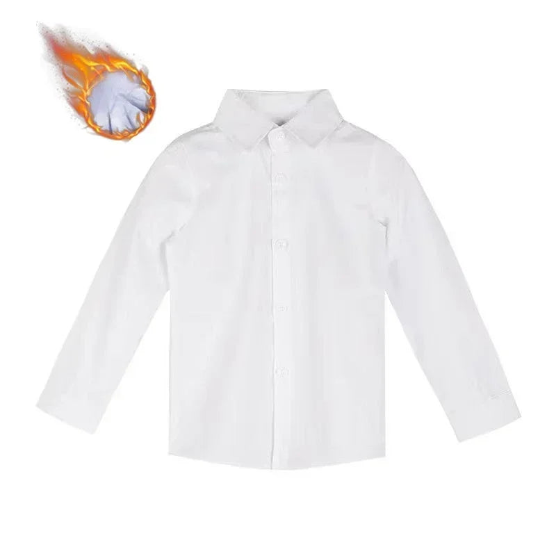 Winter Boys White Shirts Fleece Warm School Children Class Shirts Casual Cotton All-match Kids Long Sleeve Blouse Tops 2 To 12 Y