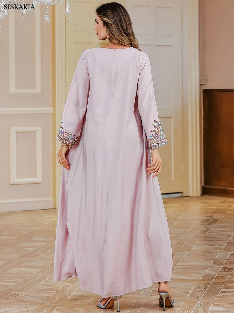 Siskakia Muslim Rope Embroidery Abaya For Woman With Beading O-Neck Elegant Casual Moroccan Saudi Loose Kaftan Dubai Robe