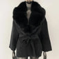 New Belt Pocket Winter Jacket Natural Real Raccoon Fox Fur Blends Wool Coat Women Loose Outerwear Casual Streetwear