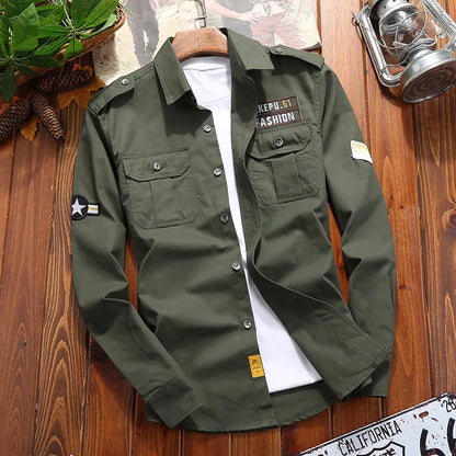 Men's Military Casual Shirt Cotton Khaki Retro Slim Fit Pocket Long Sleeve Streetwear