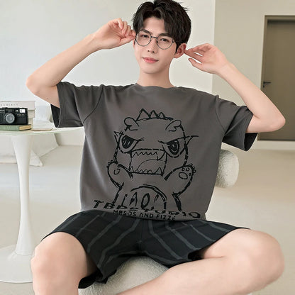 2025 Summer Men’s Sleepwear Cotton Cartoon Pajamas Sets For Man Short Loungewear Young Home Wear Fasion Student Pyjama Set Homme