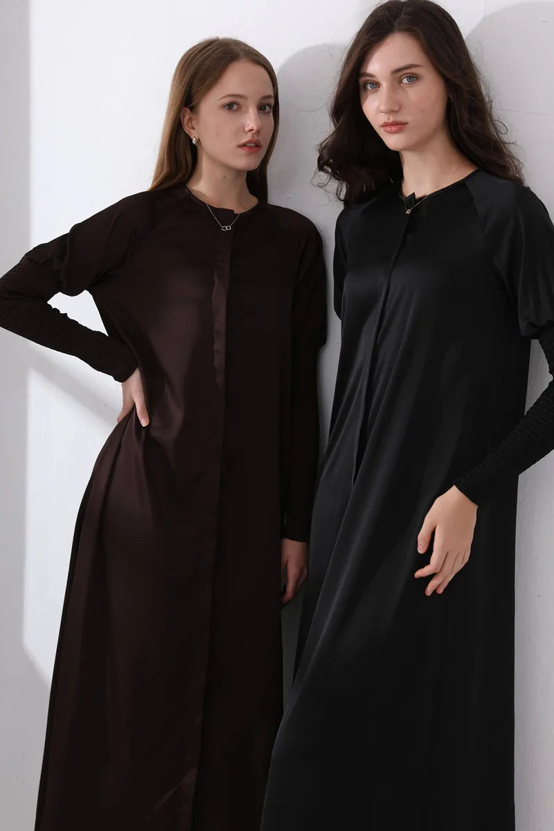 AS woman clothing satin dress button down design smocking sleeve maxi dress ( Ship out in 1 day)