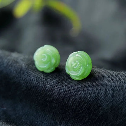 925 Silver Natural Green Jade Rose Earrings Bead Charm Jewellery Fashion Accessories Hand-Carved Man Woman Amulet Gifts