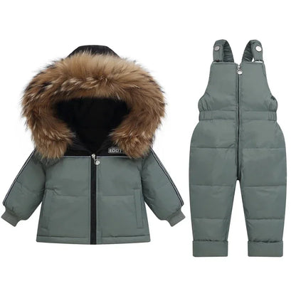 -30 Degree Down Jacket Jumpsuit Winter Overall for Children Clothes Set Baby Boy Parka Real Fur Girl Toddler Thick Warm Snowsuit