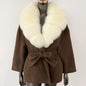 New Belt Pocket Winter Jacket Natural Real Raccoon Fox Fur Blends Wool Coat Women Loose Outerwear Casual Streetwear