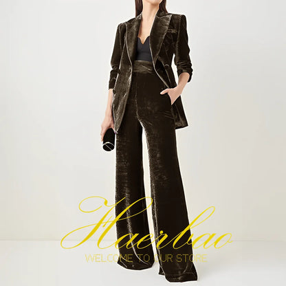 Women's Velvet 2 Piece Suit Office Lady Business Blazer&Pants Double Breasted Wedding Tuxedos