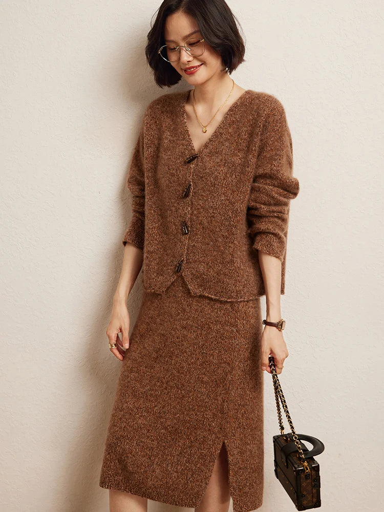 High-end Women's Set Suit 100% Goat Cashmere Knitted Cardigan Sweater and Skirt Two-Piece Spring Autumn Winter New Chic Clothing