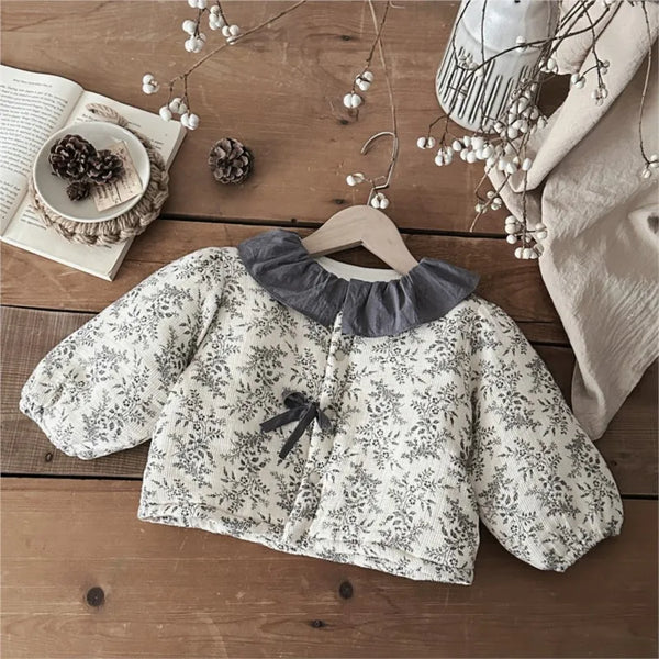 Newborn Baby Girl Bow Design Floral Cotton Padded Coat Infant Toddler Ruffle Collar Warm Thick Jacket Winter Baby Clothes 9M-2T