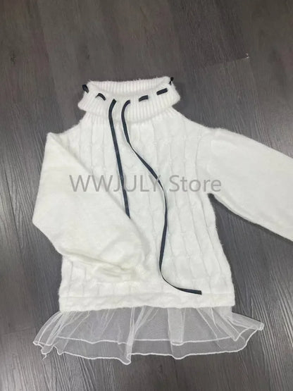 Sweet Off-shoulder Knitted Sweater Women's Pullover New Lace-up Bow Design Slash Neck Korean Fashion Tops Female Clothes