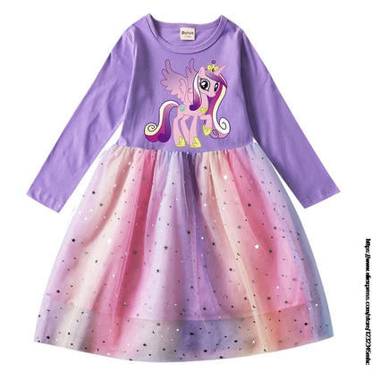 New Girls Dress Cotton Dresses My Little Baby girl pony Mesh Long Sleeves Princess Dress for Girls Birthday Gift