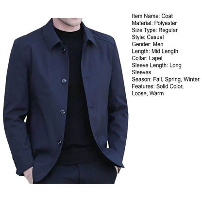 Warm Men Jacket Elegant Men's Mid Length Business Jacket with Turn-down Collar Single-breasted Design for Fall Spring Seasons