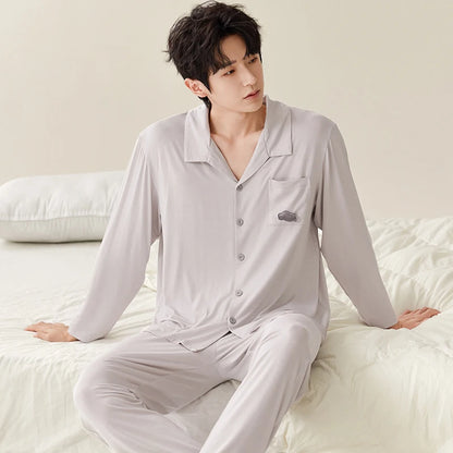 Men Pajamas Solid Color Casual Long Sleeves Long Pants Autumn Winter Simple Sleepwear Cozy Pijamas Soft Pyjamas Boys Nighty Male