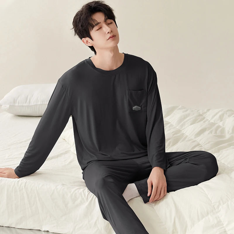 Men Pajamas Solid Color Casual Long Sleeves Long Pants Autumn Winter Simple Sleepwear Cozy Pijamas Soft Pyjamas Boys Nighty Male