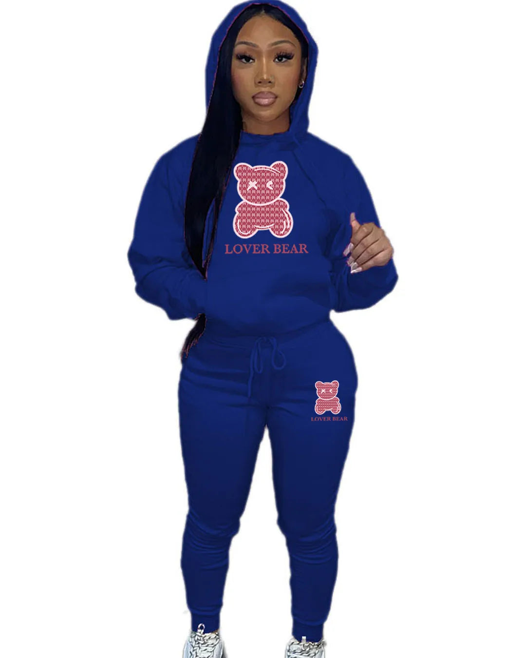 Lovely Bear Letter Print Kangaroo Pocket Tracksuit Set Long Sleeve Hoodie+Drawstring Trousers Women Two Pieces Matching Suits