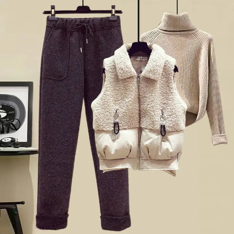 Autumn and Winter Women's Suit Lamb Wool Vest Thickened Cashmere Sweater High Waist Casual Woolen Trousers Three Piece Set