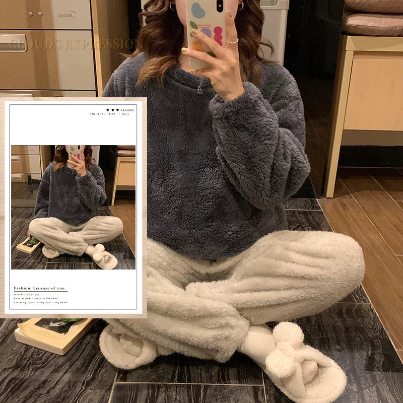 Winter Thermal Fleece Solid Women's Pajama Sets Pyjamas Warm Plush Pjs Loung Sleepwear Girls Pijama Mujer Night Suits Homewear