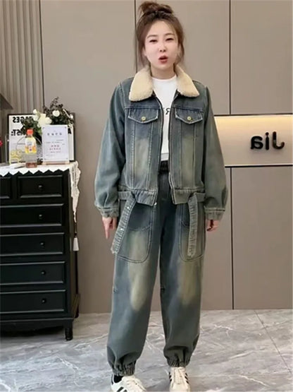 Denim Suit Women Clothes 2025 Autumn and Winter New Cashmere Thickening Loose Large Size Fashion Slimming Two-piece Set Tide