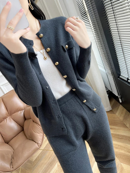 Fashion Two-piece Suit 100% Cashmere Suit Women's Round Neck Cardigan Casual Pants Autumn/Winter New Solid color Female Set