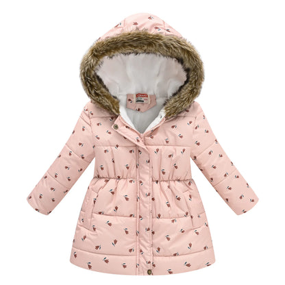 Autumn Winter Girls Jacket Keep Warm Fur Collar Fashion Prints Little Princess Coat Hooded Zipper Girls Outerwear Kids Clothes