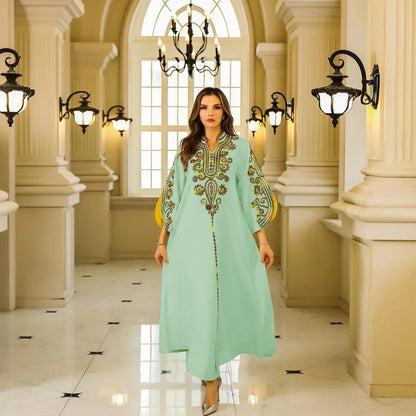 Muslim Colorful Floral Embroidery Abaya Women Elegant Long Dress Split Sleeve Jalabiya Fashion V-neck Robe Loose Gown Kaftan Eid