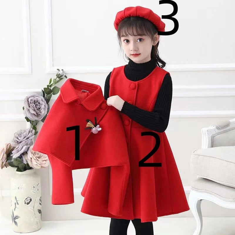 Girl Autumn Winter Dress Set Ethnic Style Little Girl three Piece Woolen Dress Performance korean Children's Clothing