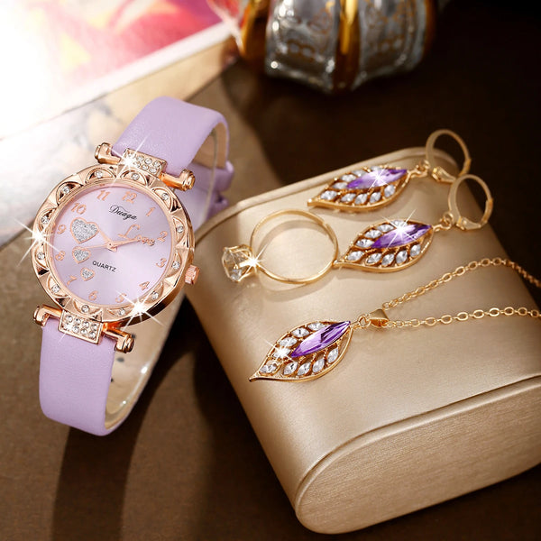 5PCS Women's Light Purple Diamond studded Dial Fashion Versatile Leather Watch