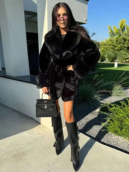 Vintage  Faux Fox Coat Women Luxury Fur Collar  Long Sleeve Oversize With Belt Female Warm Jacket Winter  Lady Plush Top