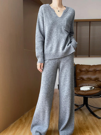 Women's Sweater Pocket Pullover Pants Suit 100% Merino Wool Knitwear V- Neck Cashmere Casual Set Solid Long Sleeve Autumn Winter