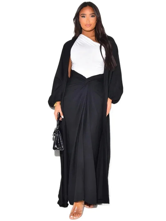 Autumn Winter Fashion Two Piece Set Muslim Women Elegant Solid Long Cardigan Twisted Skirt Two Piece Set