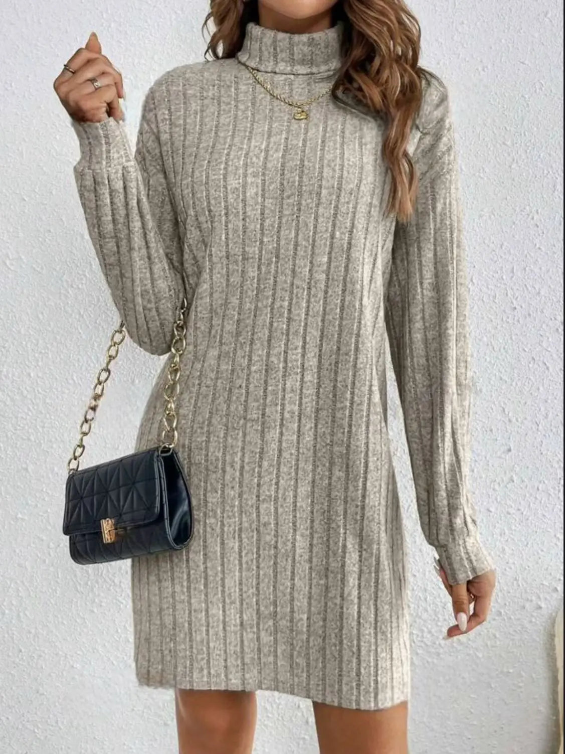 Autumn Winter Dress Women Casual Trutleneck Long Sleeve Solid Knitted Dress New Fashion Loose Comfortable Dresses Female