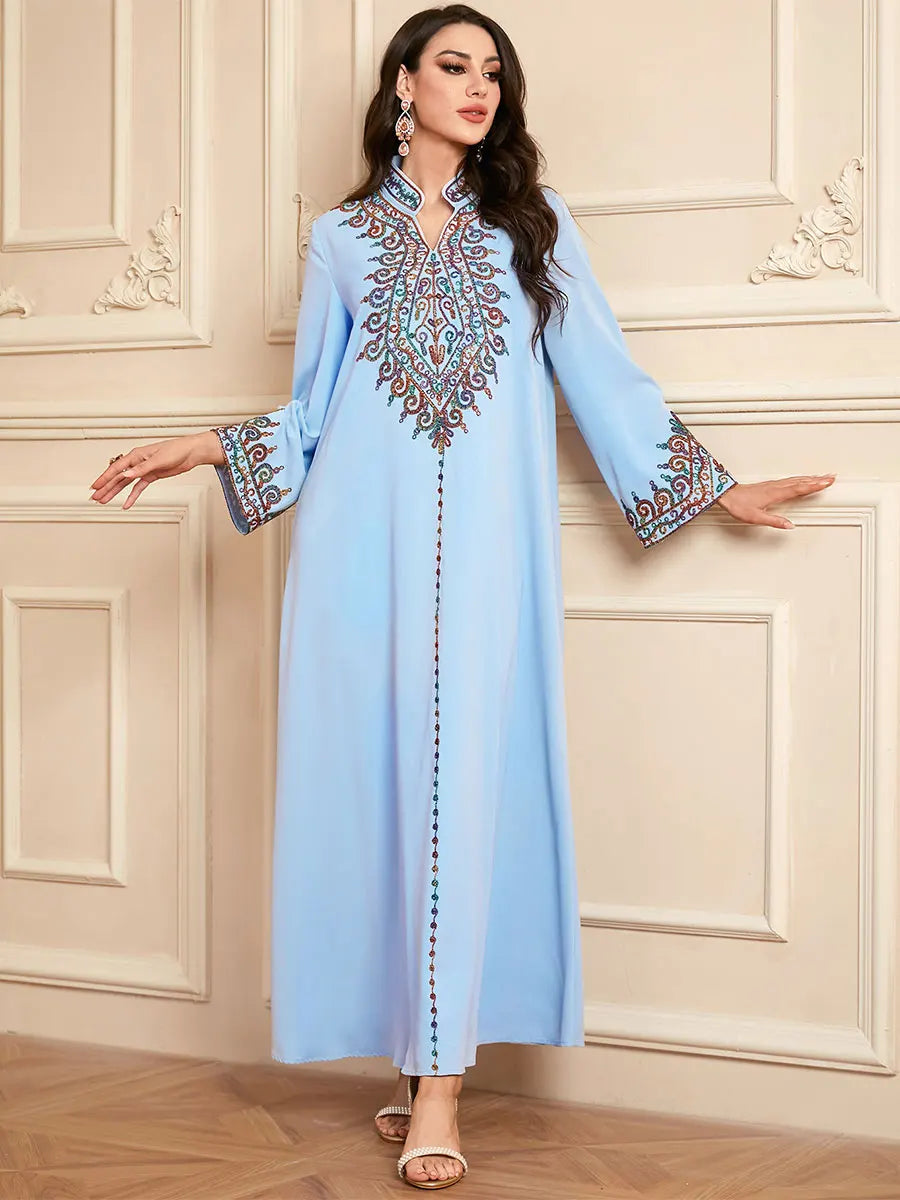 Siskakia Embroidery V-Neck Long Dress Dubai Arab Abaya For Muslim Woman Loose Moroccan Saudi Ethnic Jalabiya