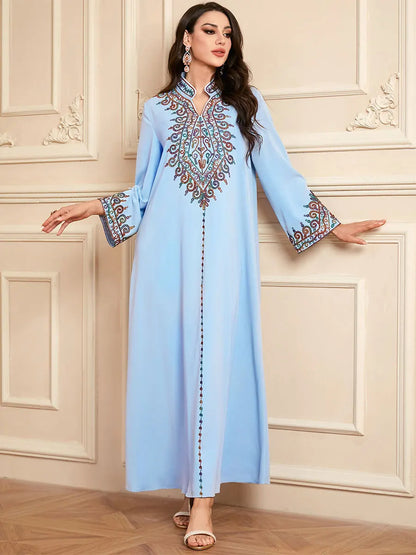 Siskakia Embroidery V-Neck Long Dress Dubai Arab Abaya For Muslim Woman Loose Moroccan Saudi Ethnic Jalabiya