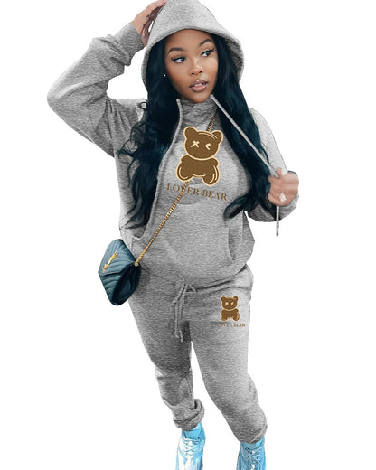 Lovely Bear Letter Print Kangaroo Pocket Tracksuit Set Long Sleeve Hoodie+Drawstring Trousers Women Two Pieces Matching Suits