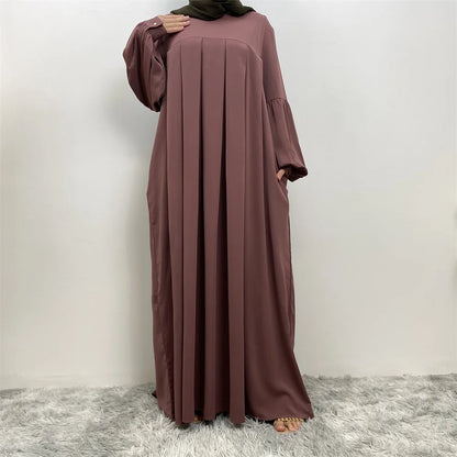 Muslim women elegant fashion dress Arab Turkey round neck gown dress pure color Islamic long dress with pockets