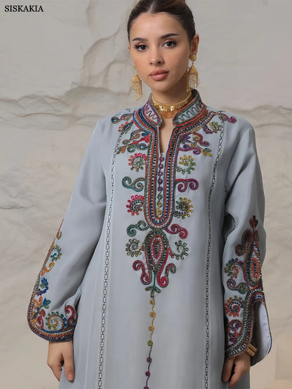 Siskakia Embroideried Luxurious Women's Evening Dress With Long Sleeves V-Neck Fashion Elegant Abayas With Belt Marocain Femme