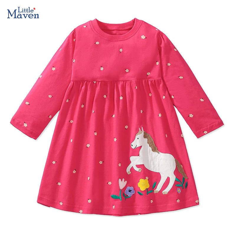 Little maven 2025 Autumn Kids Clothes Children's Clothing Cotton Baby Girls Cartoon Long Sleeves Unicorn Dresses 2-7 year