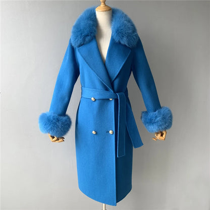 Women's Cashmere Wool Coat Spring Real Fox Fur Collar Woolen Trench Jacket Winter Adjustable Waist Slim Ladies Long Overcoat