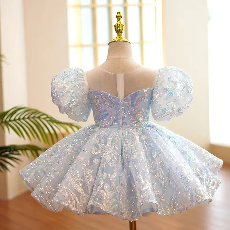 Kids Birthday Party Dresses for Little Girl Size 2 To 14 Years Prom Sequin Dress 2025 Luxury Gowns Sky Blue Evening Formal Frock