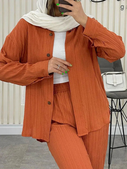 Loose 2 Pieces Set Women Outfit Shirt And Pants Set Chiffon Straight Full Pants Office Sets For Women Oversized Shirts Suits