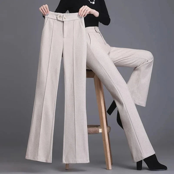 Autumn Winter Women's Woolen Pants New Fashion High Waist Elastic Micro Flare Pants Slim Female Casual Wool Trousers 4XL