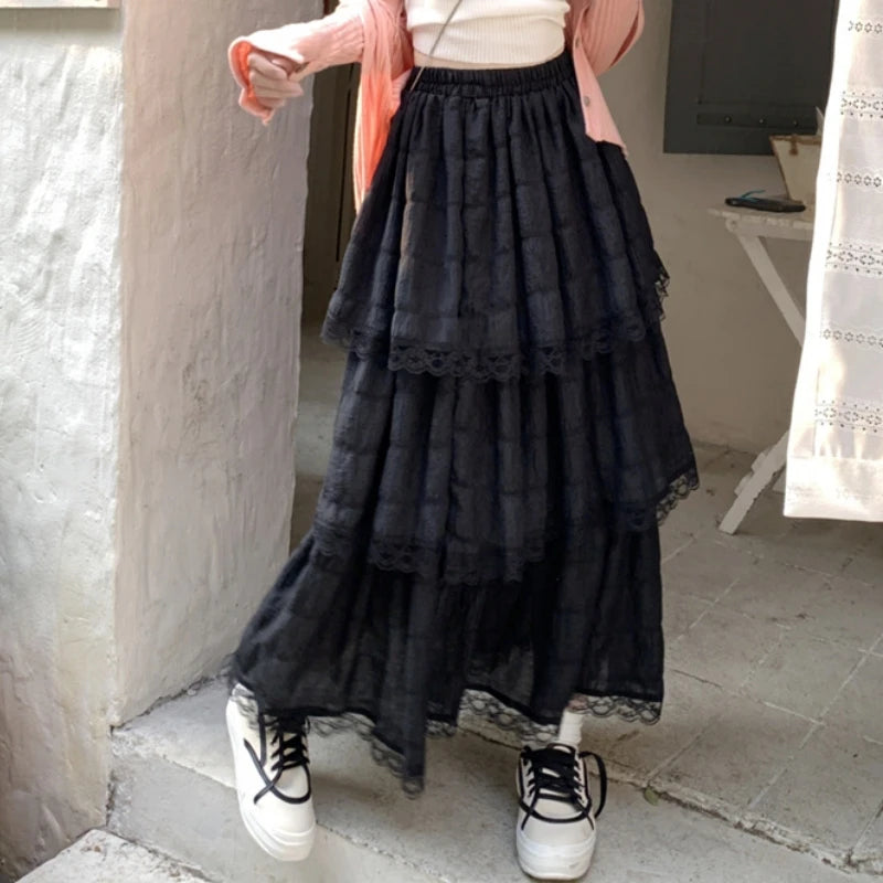 White Black Long Skirt Women Crochet Lace Skirt Goth Lolita Summer High Waisted High Low Ruched Ruffle Pleated Skirts rok